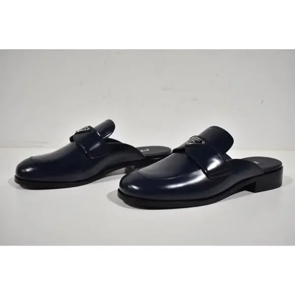 Prada Navy Blue Leather Triangle Silver Logo Loafer Slip On Slide Mule Flat 36.5